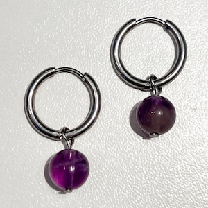 Mini Creoles in stainless steel, amethyst, natural stone, silver earrings, 8mm pearl, birthday gift, minimalist
