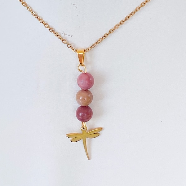 Collier libellule, Rhodochrosite, chaine fine acier inoxydable doré, pierre semi précieuse, cadeau pour elle, collier pierre naturelle