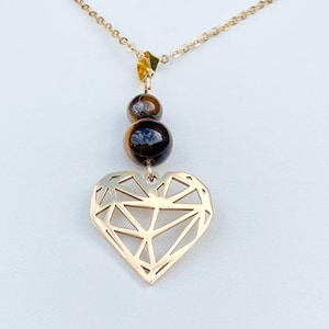 Heart necklace with natural tiger eye stone, silver stainless steel jewelry, Mother&#39;s Day gift, handmade women&#39;s necklace