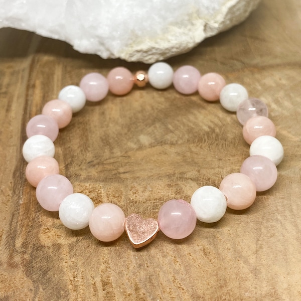 Bracelet en perle, Pierre naturelle, pierre de lune, pierre de soleil, quartz rose, Bijoux féminin, Bracelet douceur, lithothérapie, mariage