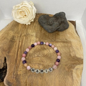 Bracelet de lithothérapie, pierres naturelles, Quartz rose, Améthyste, perle 6mm, perle fluoresçante, personnalisé, prénom, cadeau noël image 5