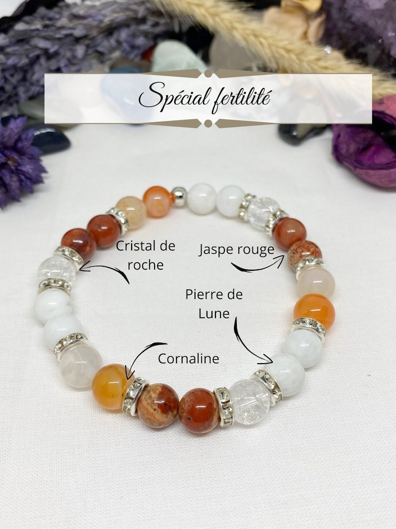 Fertility bracelet, moonstone, carnelian, red jasper, rock crystal, IVF jewelry, PMA, fertility lithotherapy, 8mm pearl, in vitro image 1