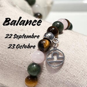 Bransoletka astrologiczna waga, różowy kwarc, jadeit, oko tygrysa, kamień naturalny, perła 8 mm, prezent urodzinowy, znak zodiaku, kryształy