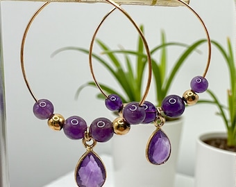 Boucles D'oreilles Créoles En Plaqué Or Blanc Avec Améthyste Naturelle - Neuf Avec étiquettes ROSEMIMOSA
