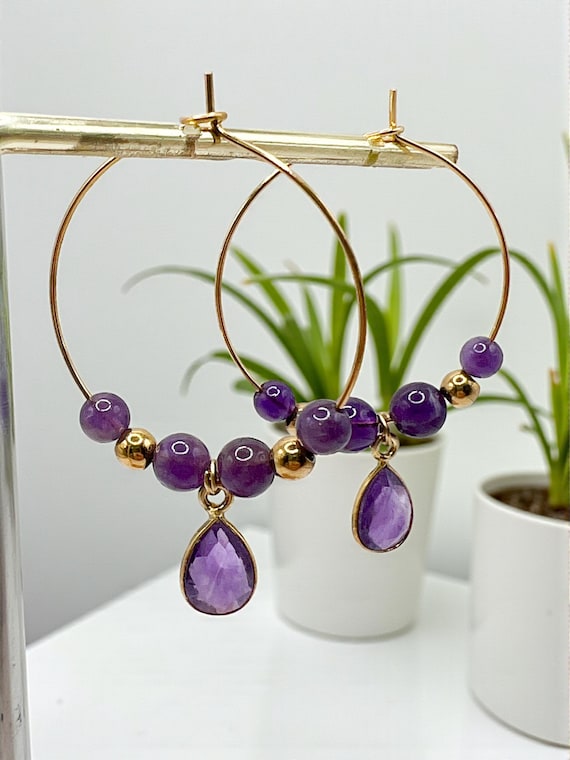 Boucles D'oreilles Créoles En Améthyste Doré - Bijou Femme élégant Et Vibrante