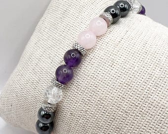 Natural Stone Anti-Stress Bracelet – Rock Crystal, Rose Quartz, Amethyst & Hematite – Calming Jewelry y Stress Relief
