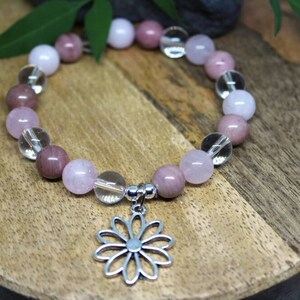 Bracelet en perle, Pierres naturelles, Quartz rose, Rhodochrosite, Cristal de roche, Bijoux féminin , Bracelet douceur, lithothérapie, perle image 5