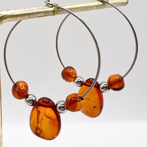Natural Amber Earrings, Baltic Amber Hoop Earrings, Silver Stainless Steel Jewelry, Elegant Energetic Gift for Women