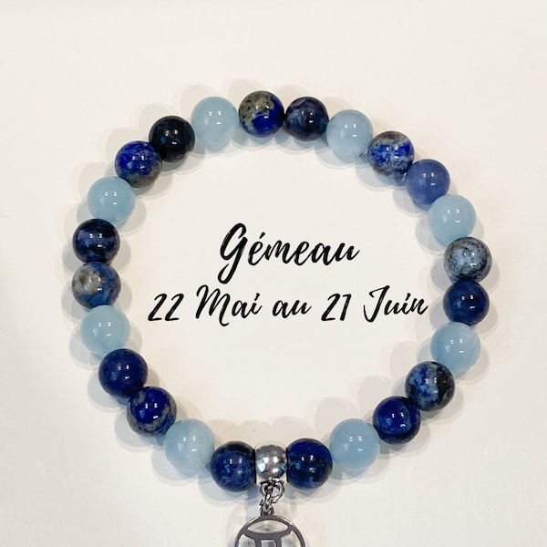 bracelet astrologique gémeaux, Lapis Lazuli , Sodalite , Aigue Marine, pierres naturelles, cadeau d'anniversaire, fête des pères, perle 8mm