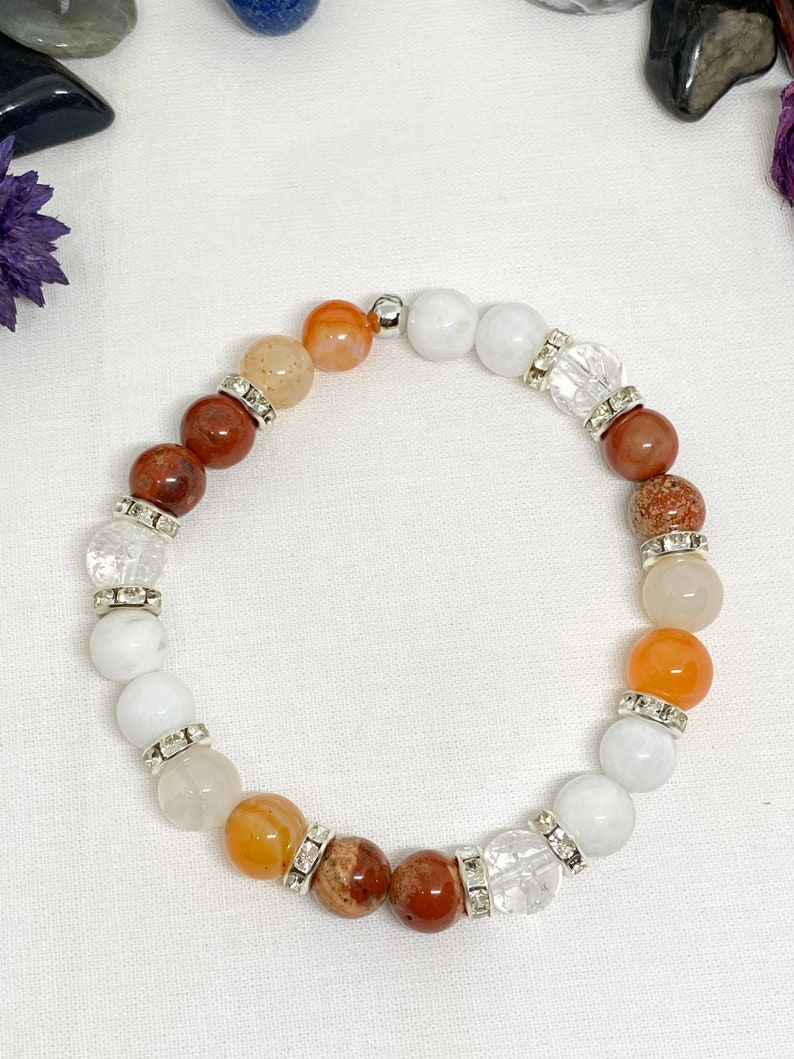 Fertility bracelet, moonstone, carnelian, red jasper, rock crystal, IVF jewelry, PMA, fertility lithotherapy, 8mm pearl, in vitro image 4