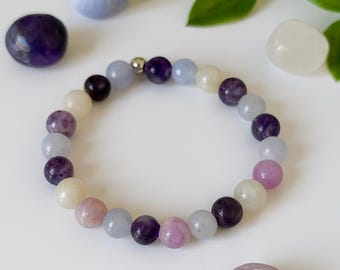 Menopause bracelet, Amethyst, Chalcedony, Moonstone, Lepidolite, hot flash, healing crystals, valentines day gift