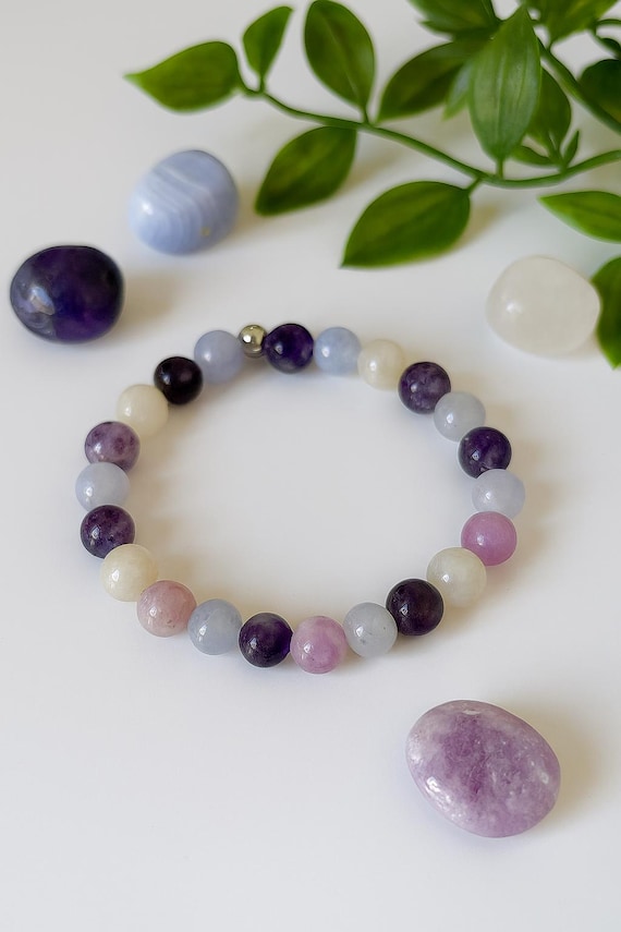 Bracelet ménopause, Améthyste, Calcédoine , Pierre de lune, Lépidolite , bouffée de chaleur, cristaux de guérison, cadeau saint valentin