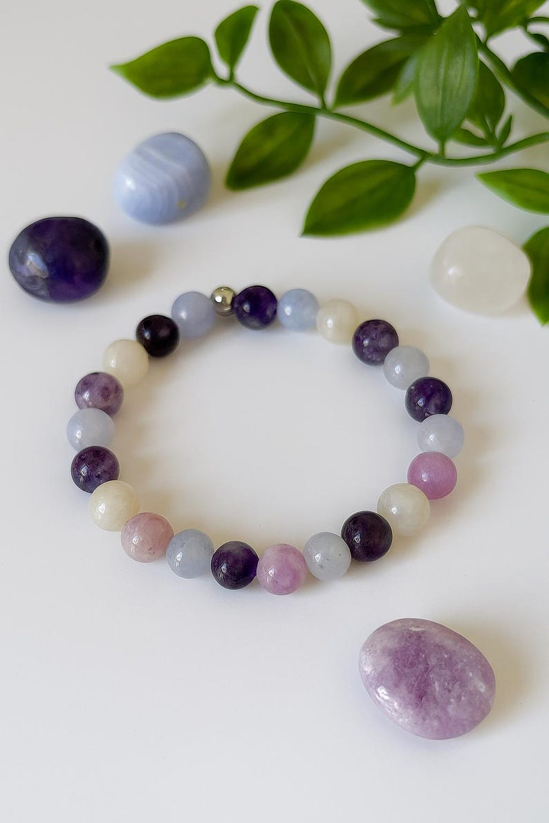 Menopause bracelet, Amethyst, Chalcedony, Moonstone, Lepidolite, hot flash, healing crystals, valentines day gift image 1