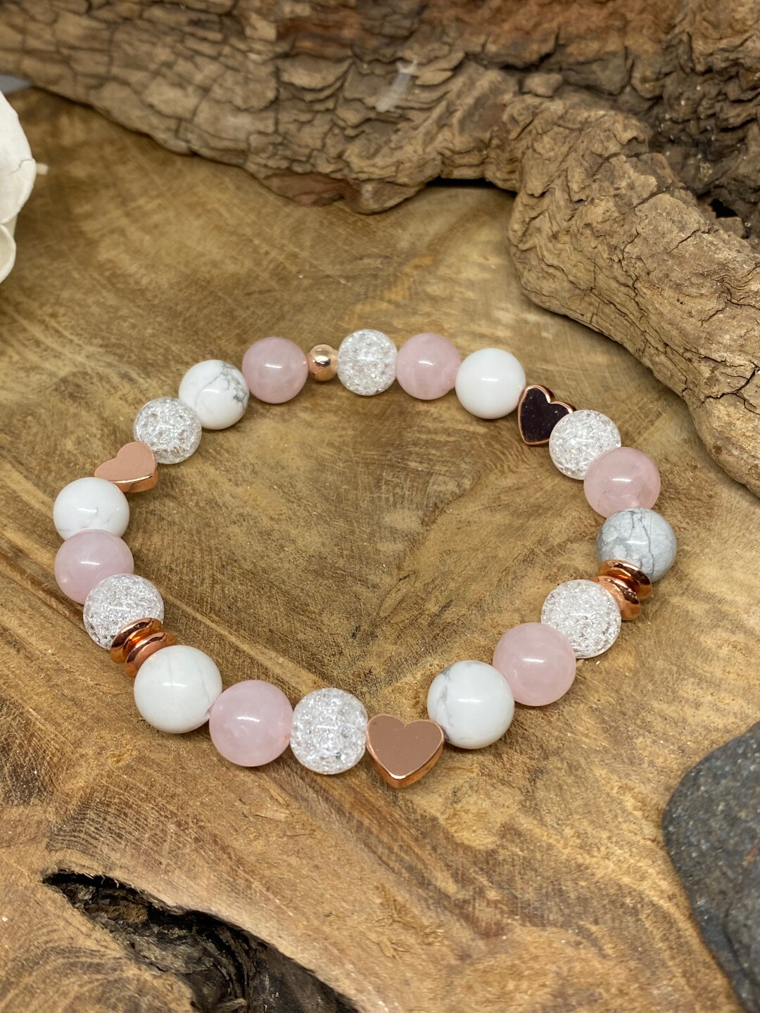 Natural Stones Bracelet, Rose Quartz, Howlite, Rock Crystal, Lithotherapy  Jewelry, Healing Bracelet, Stretch Jewelry, Rose Gold - Etsy