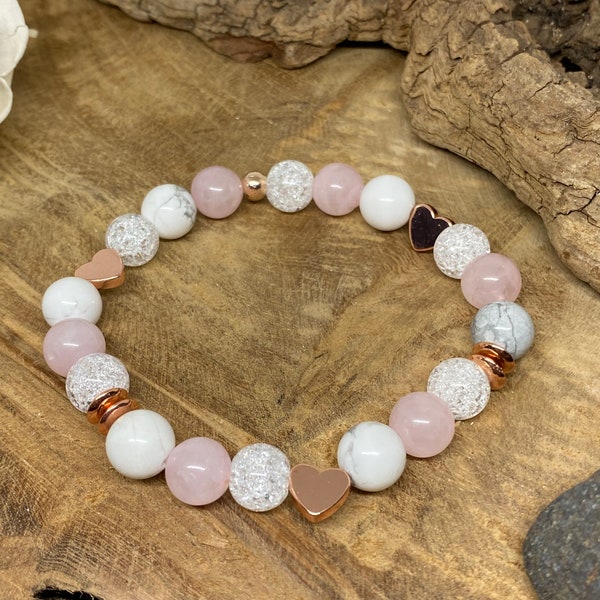 Bracelet pierres naturelles, Quartz rose, howlite, Cristal de roche, bijoux lithothérapie, cœur rose, bijoux extensible, or rosé, perle 8mm