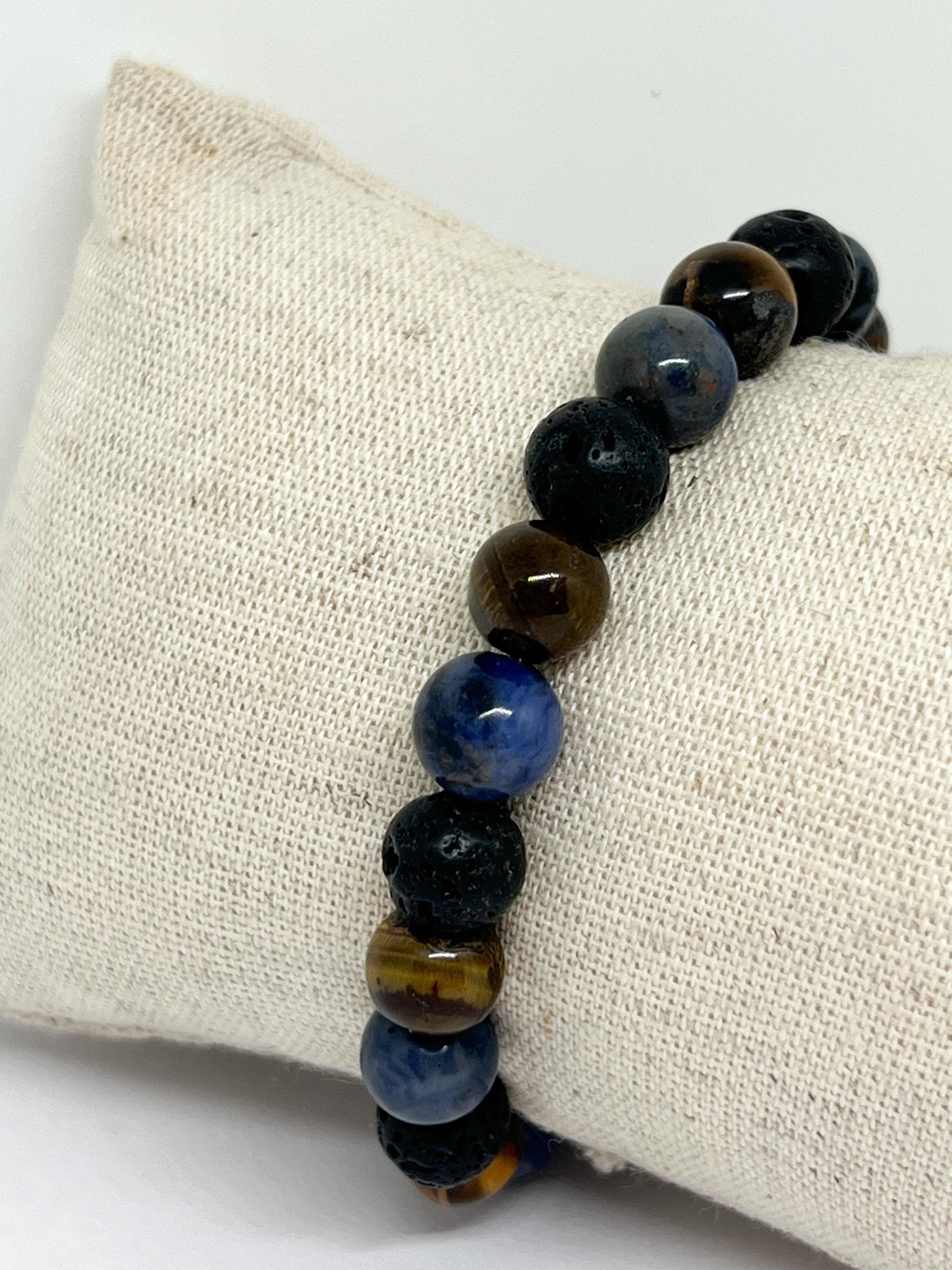 Bracciale Uomo 8mm Pietre Naturali Occhio Di Tigre E Pietra Lavica - Braccialetto Elastico Yoga E Meditazione, Gioiello Coraggio E Protezione, 2 Pezzi