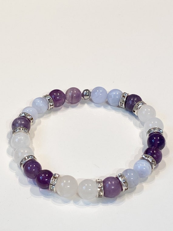 Bracelet contre les bouffées de chaleurs, ménopause, Améthyste, Calcédoine , Pierre de lune, Lépidolite ,guérison, cadeau fête des mères