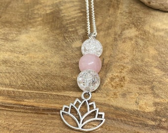 Necklace Rose Quartz, Rock crystal, Natural stones, lithotherapy jewelry, Stainless steel, Semi precious stone, Silver, Woman