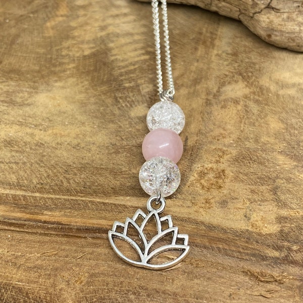 Collier Quartz rose, Cristal de roche, Pierres naturelle, bijoux de lithothérapie, Acier inoxydable, Pierre semi précieuse, Argent, lotus