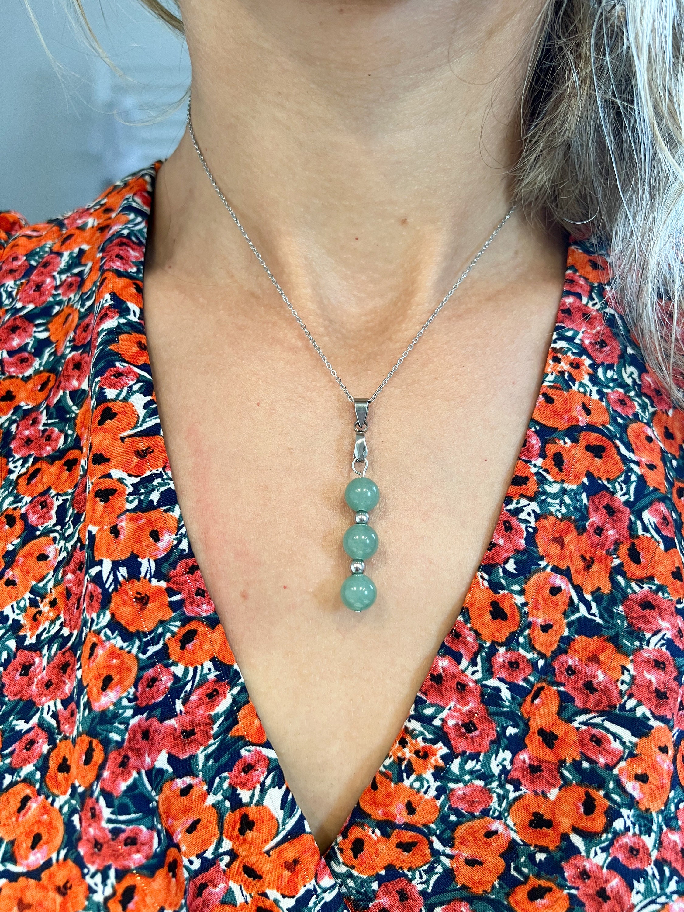 Collier En Argent Massif Avec Pierres Vertes Et Perles - Bijou Occasion Très élégant