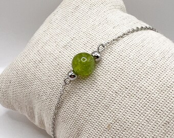 Natural Peridot Bracelet – August Birthstone Jewelry, Green Gemstone Bracelet, Silver Stainless Steel, Healing Gift for Her