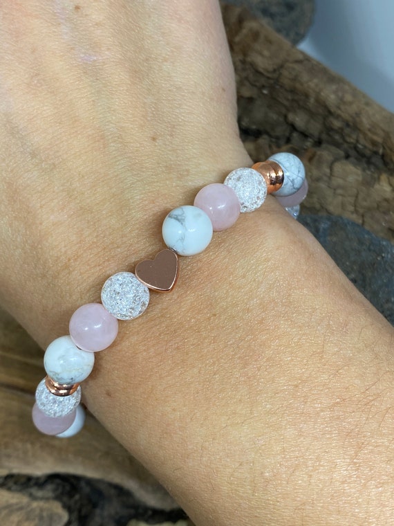 Natural Stones Bracelet, Rose Quartz, Howlite, Rock Crystal, Lithotherapy  Jewelry, Healing Bracelet, Stretch Jewelry, Rose Gold - Etsy