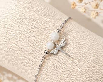 Armband mit natürlichem Mondstein für Damen, silberner Edelstahl, Libelle, 6 mm Perlen, Heilstein-Schmuck für feminine Energie, Boho-Chic