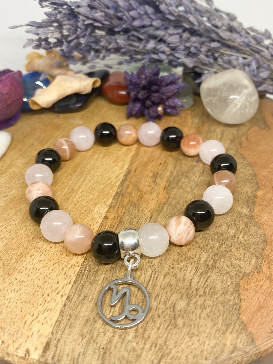 Capricorn Bracelet Rose Quartz Moonstone Black Obsidian Etsy