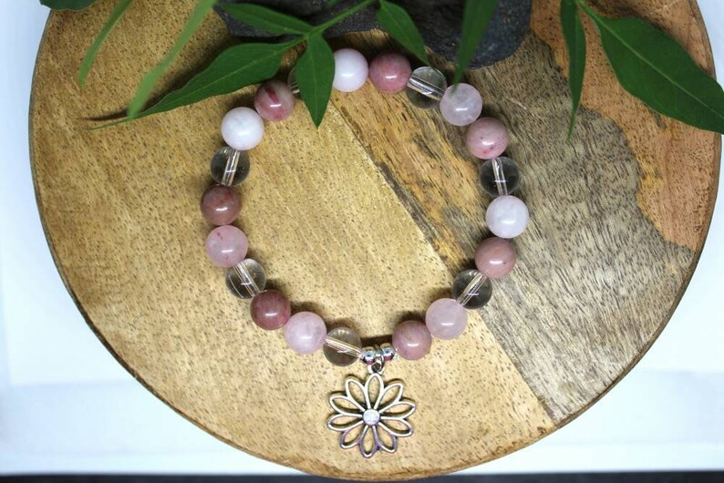 Bracelet en perle, Pierres naturelles, Quartz rose, Rhodochrosite, Cristal de roche, Bijoux féminin , Bracelet douceur, lithothérapie, perle image 6