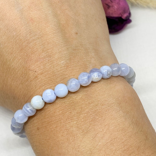 Bracelet Calcédoine , perle 6mm, pierres naturelles, bijoux lithothérapie, bracelet bien être, pierre semi précieuse bleu,
