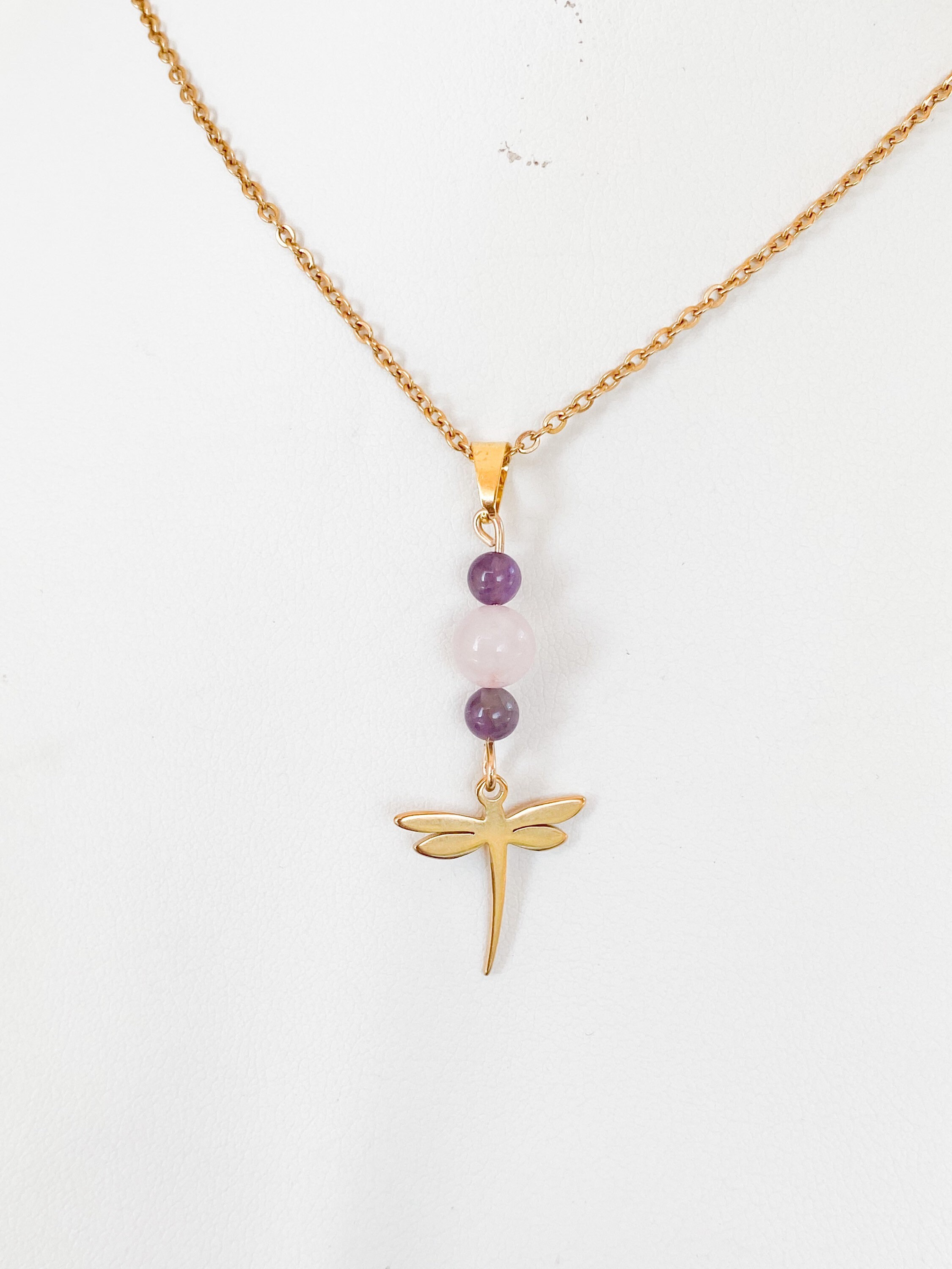 トンボネックレス、ローズクォーツ、アメジスト、上質ステンレス