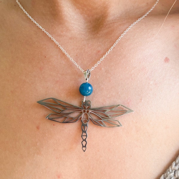 Dragonfly necklace, Apatite, natural stone, fine stainless steel chain, silver jewelry, semi precious stone, Mother's Day, pearl