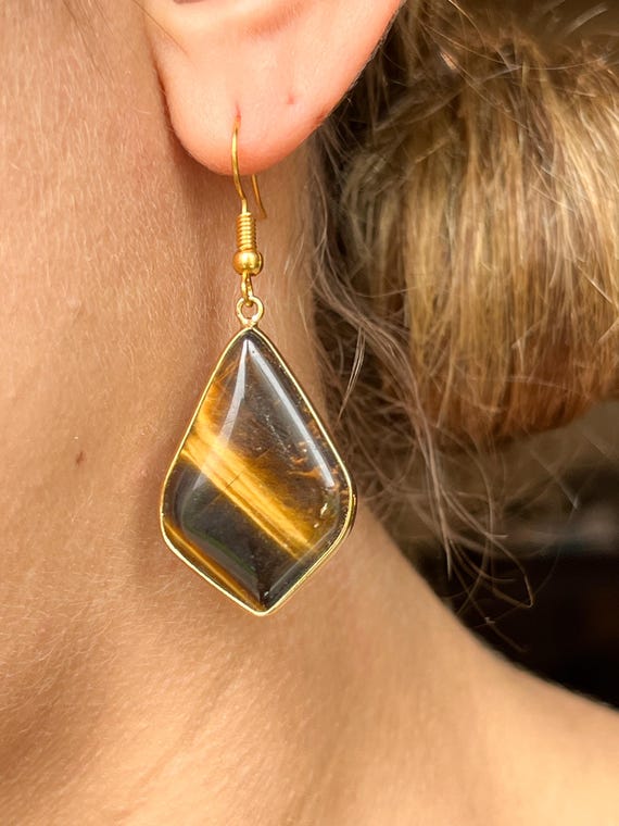 Boucles D'oreilles En Pierre œil De Tigre - Pendantes, Dormeuses, Alliage - Neuf Avec étiquettes, Couleur Marron