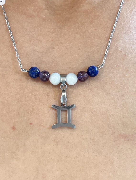 Gemini Necklace for Women – Aquamarine, Amethyst Lapis Lazuli