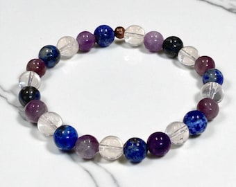 Migraine and headache bracelet, Amethyst, Lapis Lazuli, Rock Crystal, lithotherapy jewelry, healing bracelet, 8mm pearl, stone