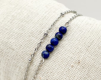 Lapis Lazuli Bracelet, Double Row Bracelet, Silver Stainless Steel, Crystal Jewelry, September Birthstone, Positive Healing