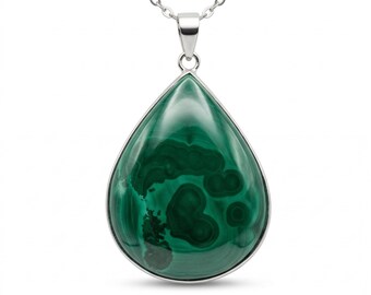 Malachite Necklace – Natural Green Stone Pendant – Silver Stainless Steel Necklace – Energy Protection Jewelry – Gift for Her