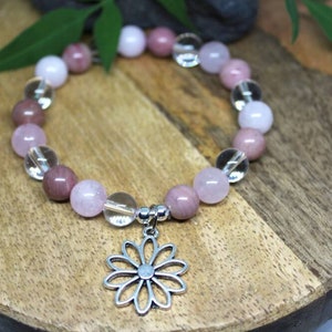 Bracelet en perle, Pierres naturelles, Quartz rose, Rhodochrosite, Cristal de roche, Bijoux féminin , Bracelet douceur, lithothérapie, perle image 2