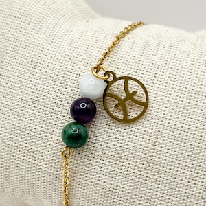 Bransoletka astrologiczna Ryby, bransoletka ze znakiem zodiaku, stal nierdzewna, kamień naturalny, prezent na luty, perła 6 mm, bransoletka astrologiczna,