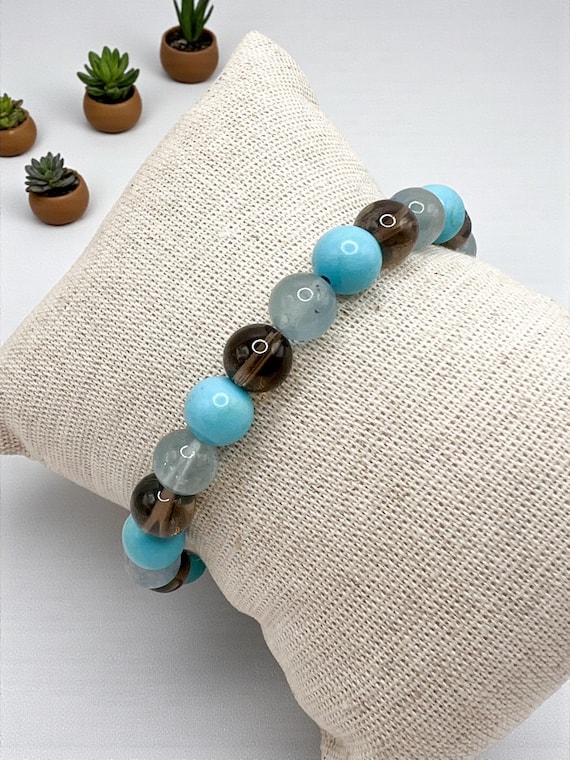 Bracciale in pietra naturale, acquamarina, turchese, quarzo fumé, gioielli yoga, perline da 8 mm, regalo per donna, gioielli minimalisti, regalo di Natale - Italia