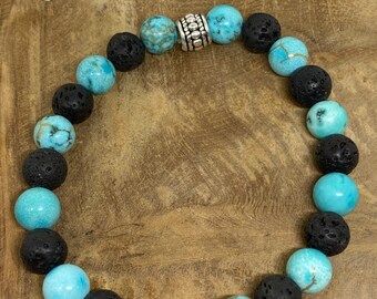 Bracelet Perles Pierre De Lave Et Howlite Turquoise - Sur Mesure Homme/femme, Perles 6-8mm, élastique Confortable