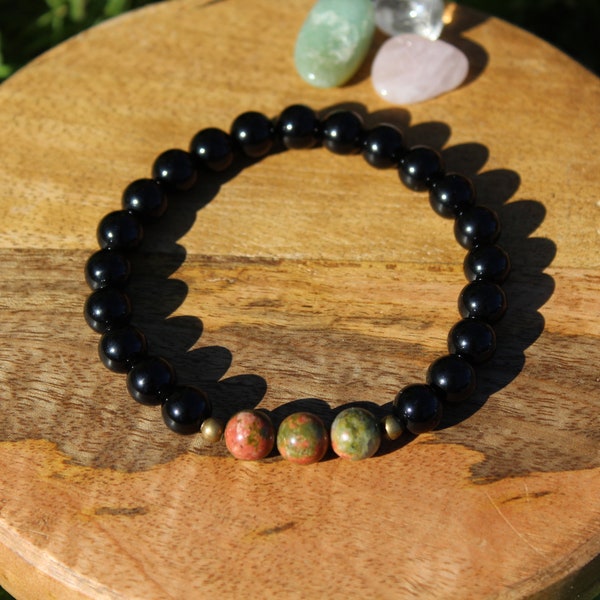 Bracelet homme - pierres naturelles - Unakite - Obsidienne noir - lithothérapie - cadeau personnalisé - cadeau pour homme - Noel - perle