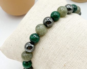 Bracciale antidolorifico in pietra naturale: malachite, labradorite ed ematite | Litoterapia, sollievo dal dolore, energia positiva