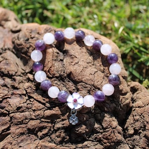 Natursteinarmband - Amethyst - Rosenquarz - Besondere Gelassenheit - Lithotherapie - personalisiert - Perle - Halbedelstein