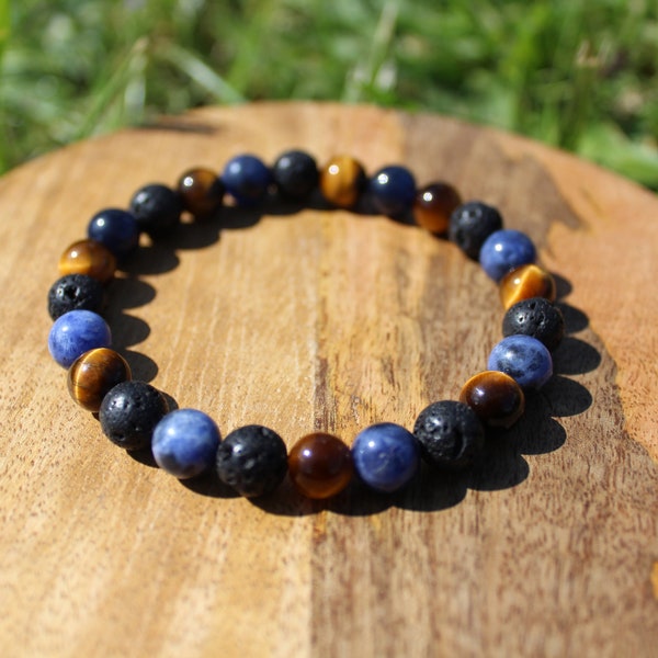 Bracelet pour Homme , pierres naturelles ,  Œil du tigre , Sodalite, Pierre de lave , pierre semi précieuse , en perle , lithothérapie