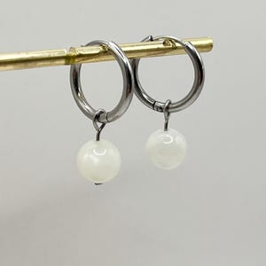 Moonstone earrings, semi-precious stone, silver stainless steel, mini hoops, women&#39;s gift, 8mm pearl, natural stone