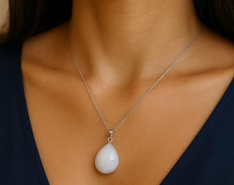 Moonstone necklace, stainless steel silver necklace, natural stone necklace, moonstone jewelry, moonstone pendant,