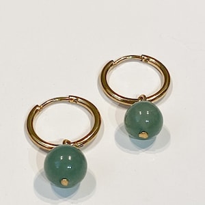 Creolen aus Edelstahl mit natürlichem Aventurinstein, Creolen aus Perlen, feine Creolen, 8 mm Perle, Weihnachtsohrringe, Geschenk für Frauen