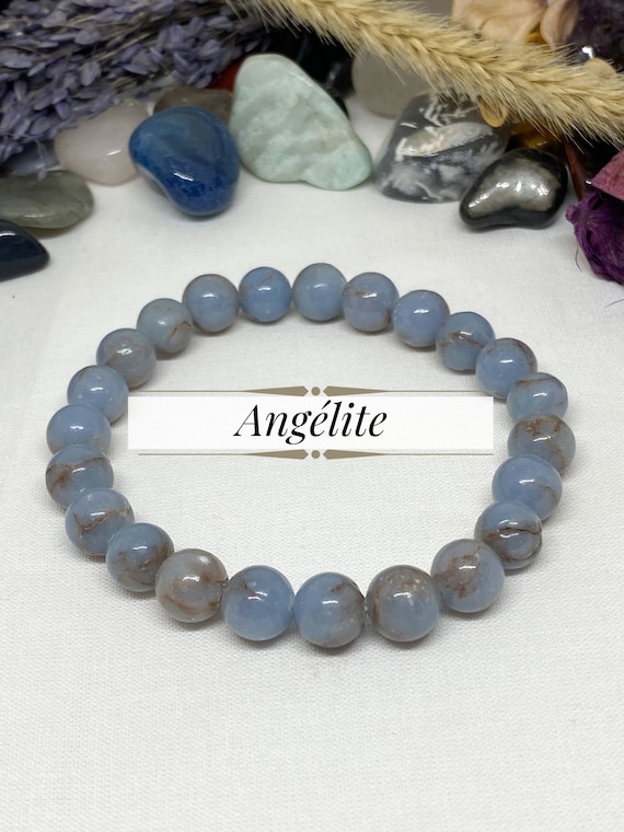 Bracciale In Pietra Naturale Angelite 8 Mm – Perle Fini Blu – Gioiello Litoterapia Unisex Con Sacchetto Regalo