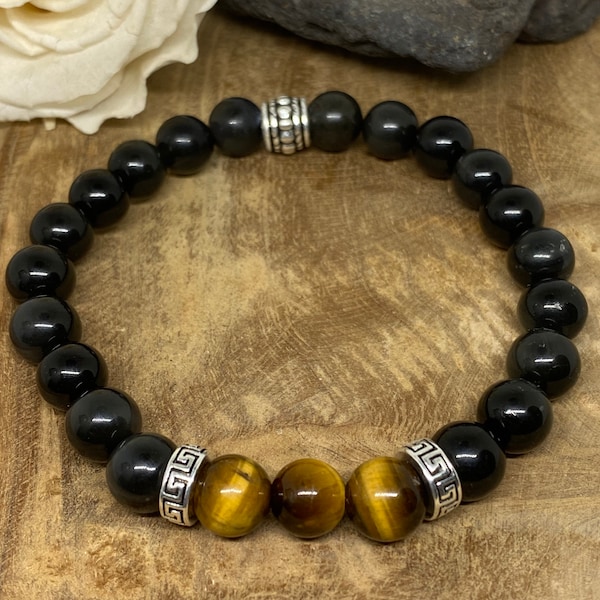 Bracelet pour homme, pierres naturelles, Obsidienne, Œil de tigre , protection contre les énergie négative, perle 8 mm, Cadeau St Valentin